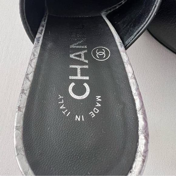 CHANEL | Black Leather Pointed High Heel Mules CC Logo Silver Scales EU 37.5 - Picture 9 of 14